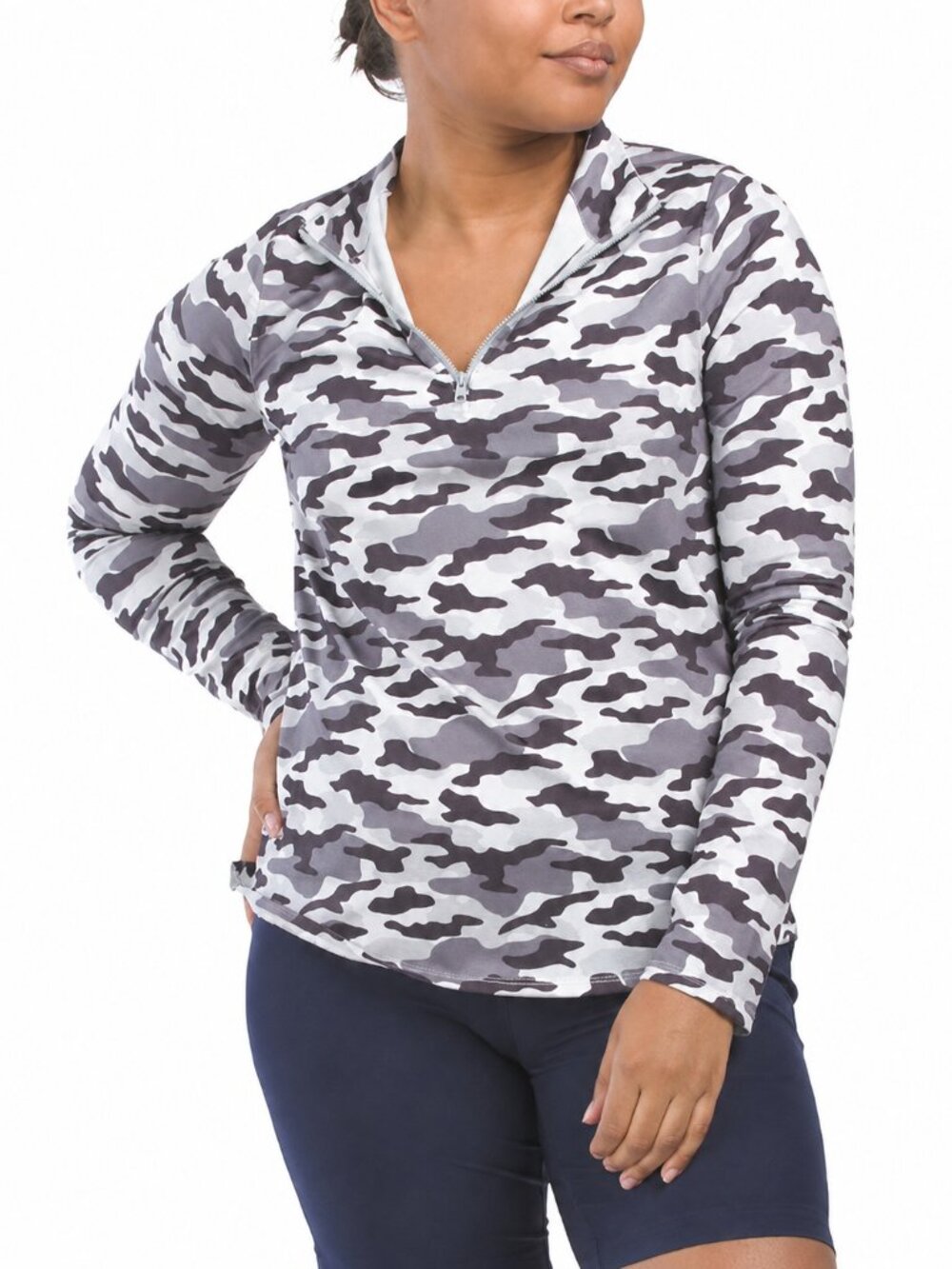 Belyn Key Gray Scale Camo Print Long Sleeve Quarter-Zip Mock Golf Shirt Size S